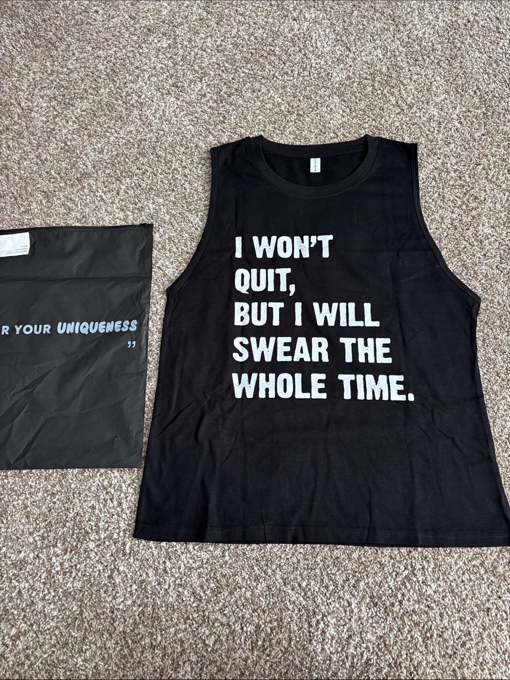 Black Muscle Tank with White Slogan